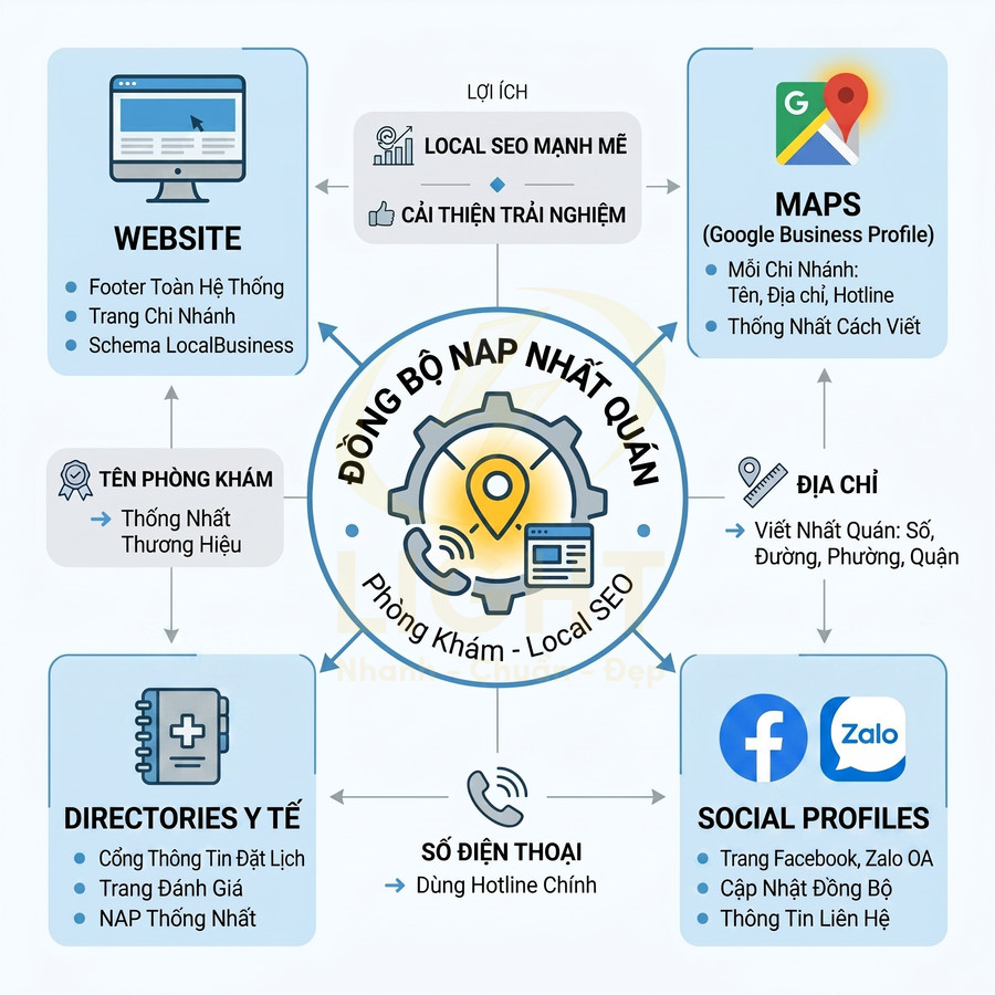 Mô hình đồng bộ NAP cho phòng khám với website, Google Maps, mạng xã hội và directories y tế hỗ trợ Local SEO