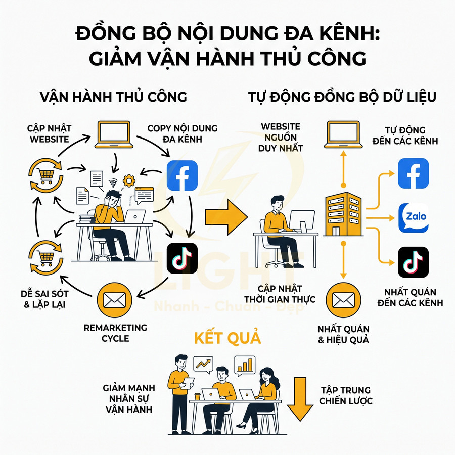 Mô hình đồng bộ nội dung đa kênh giúp tự động cập nhật Facebook Zalo TikTok từ một website duy nhất