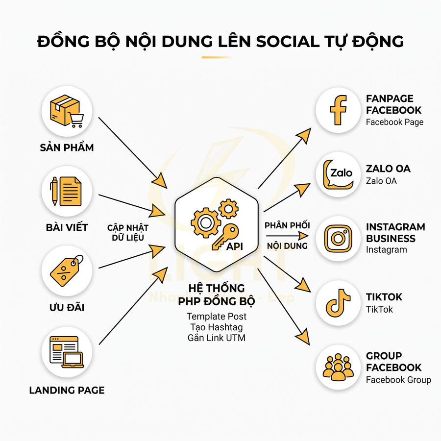 Sơ đồ hệ thống API đồng bộ nội dung sản phẩm lên Facebook Zalo Instagram TikTok và landing page