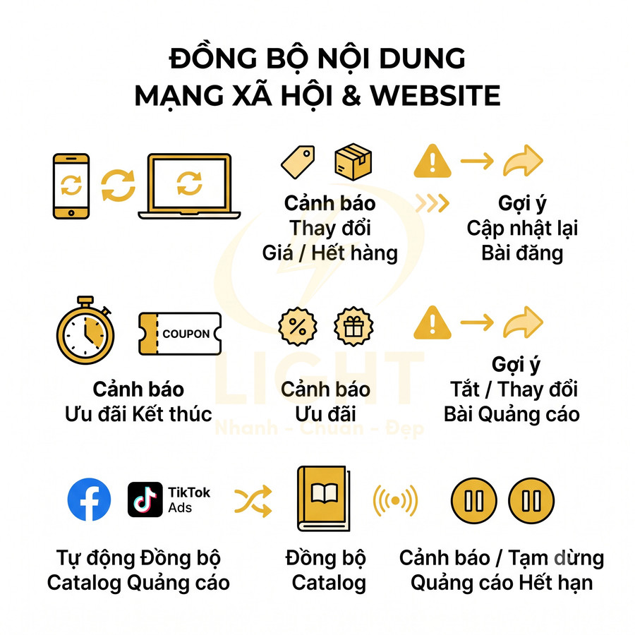 Minh họa tính năng đồng bộ nội dung mạng xã hội và website, cảnh báo thay đổi giá, ưu đãi và tự động đồng bộ catalog quảng cáo