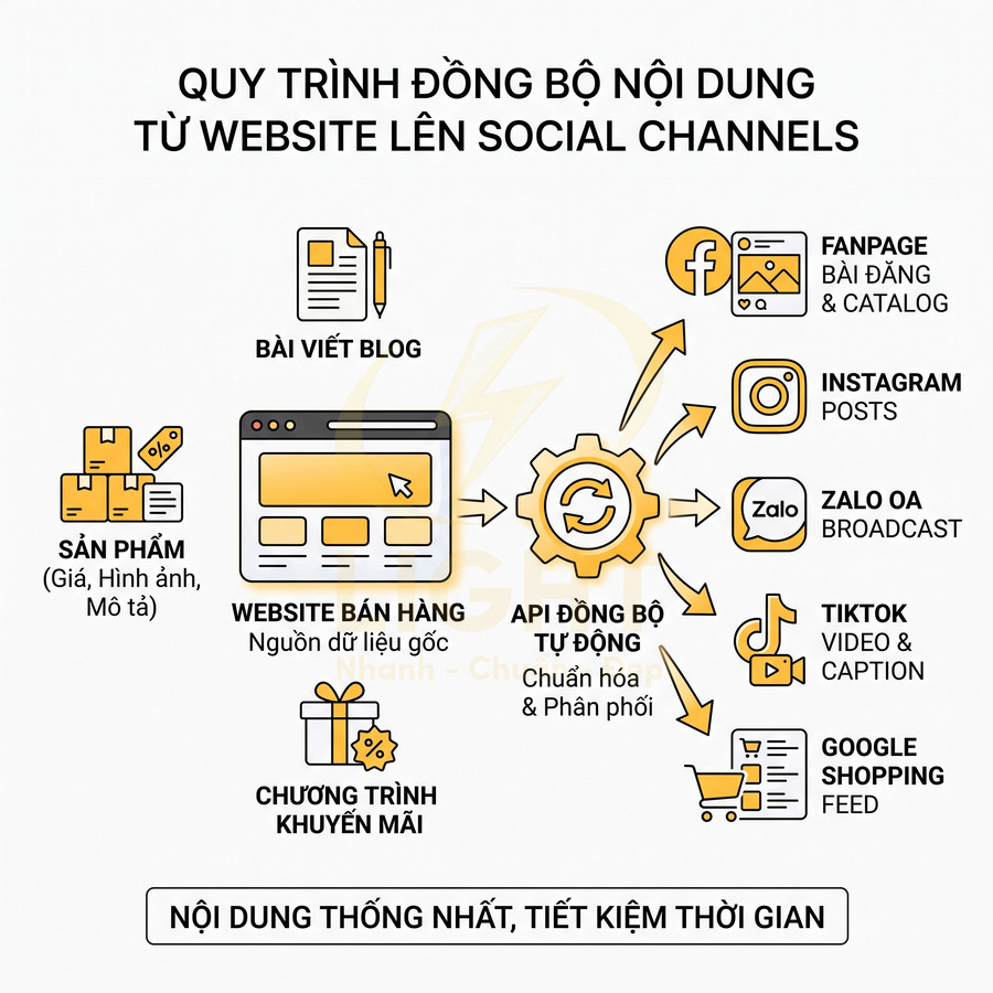 Quy trình đồng bộ sản phẩm từ website bán hàng lên Facebook, Instagram, Zalo, TikTok và Google Shopping