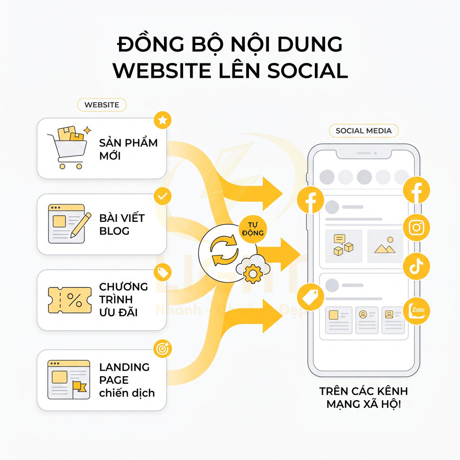 Minh họa giải pháp tự động đồng bộ nội dung website sang các kênh mạng xã hội Facebook Instagram TikTok Zalo