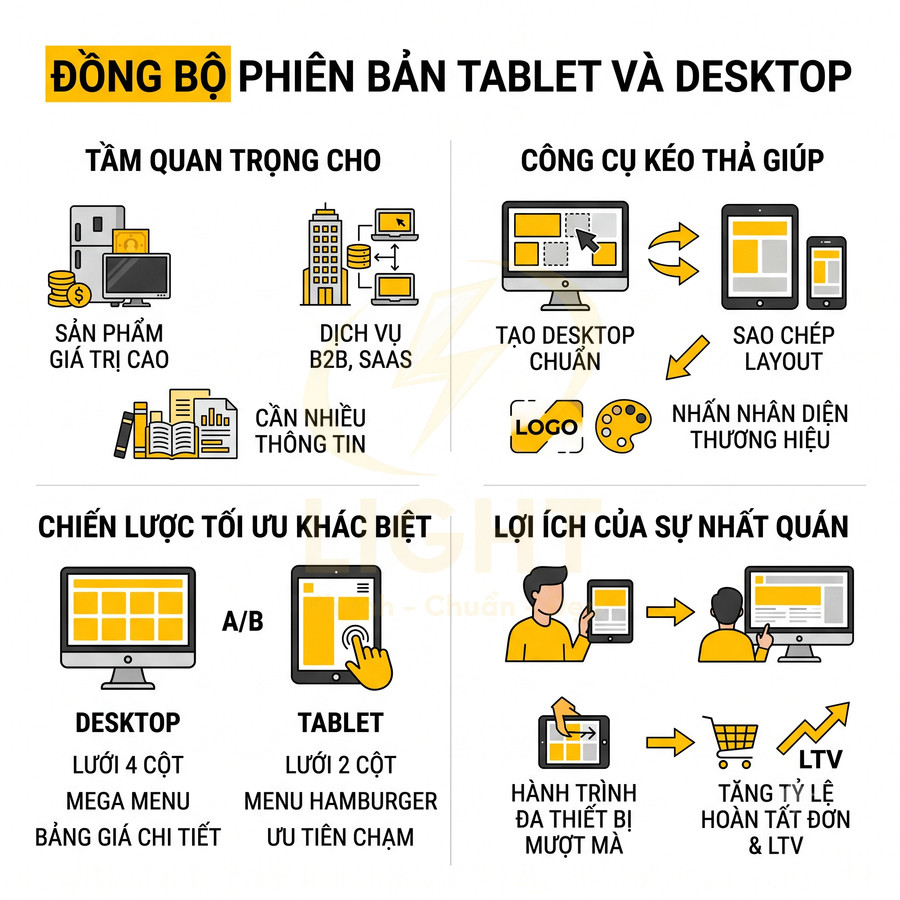 Infographic đồng bộ giao diện website giữa tablet và desktop, nêu lợi ích, chiến lược tối ưu và công cụ kéo thả