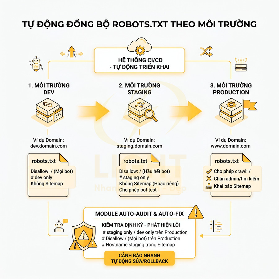 Sơ đồ tự động đồng bộ file robots.txt theo môi trường dev staging production và module auto audit auto fix