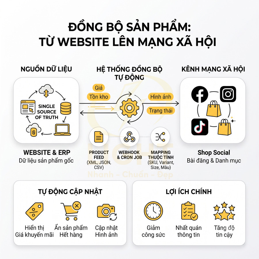 Sơ đồ đồng bộ sản phẩm từ website và ERP lên kênh mạng xã hội Facebook Instagram TikTok và lợi ích chính