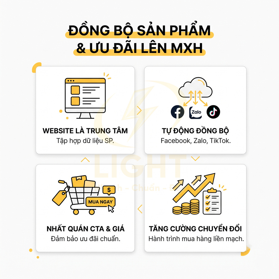 Banner hướng dẫn đồng bộ sản phẩm và ưu đãi từ website lên Facebook Zalo TikTok để tăng chuyển đổi bán hàng