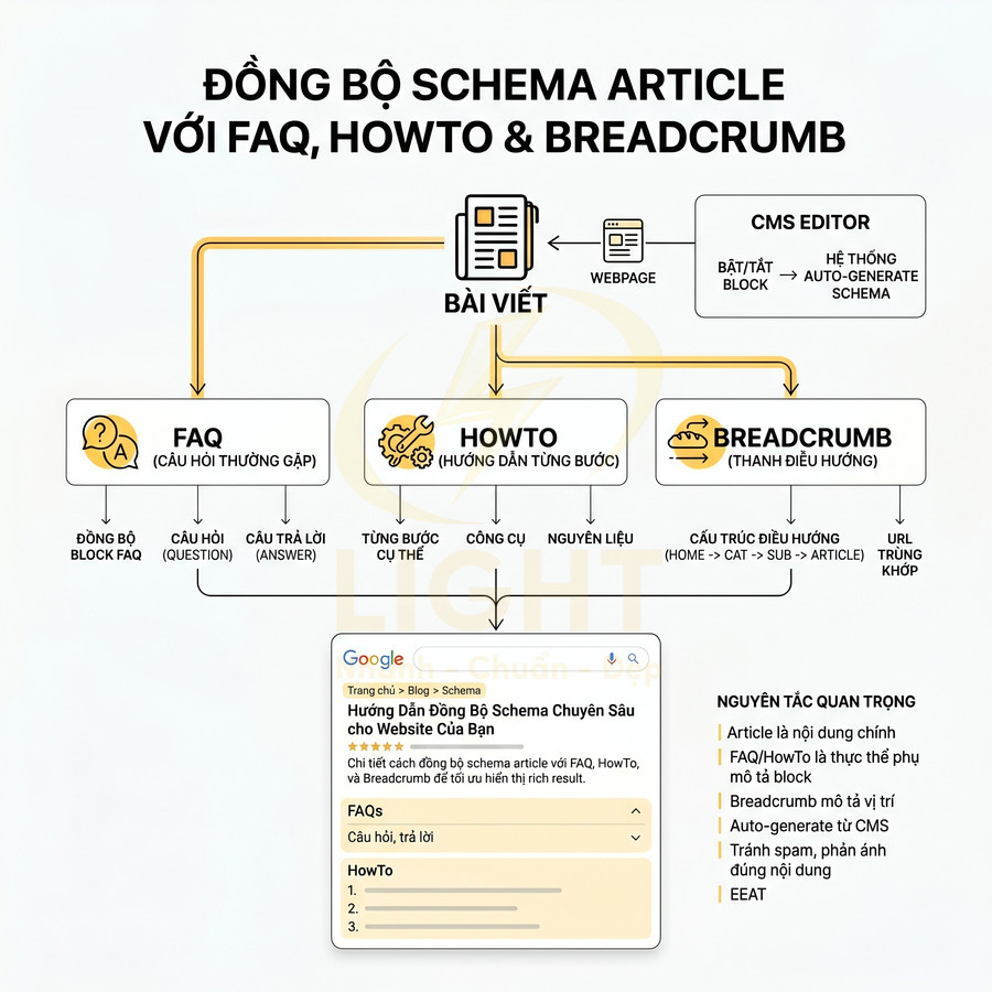 Sơ đồ đồng bộ schema article với FAQ HowTo và breadcrumb để hiển thị rich result trên Google