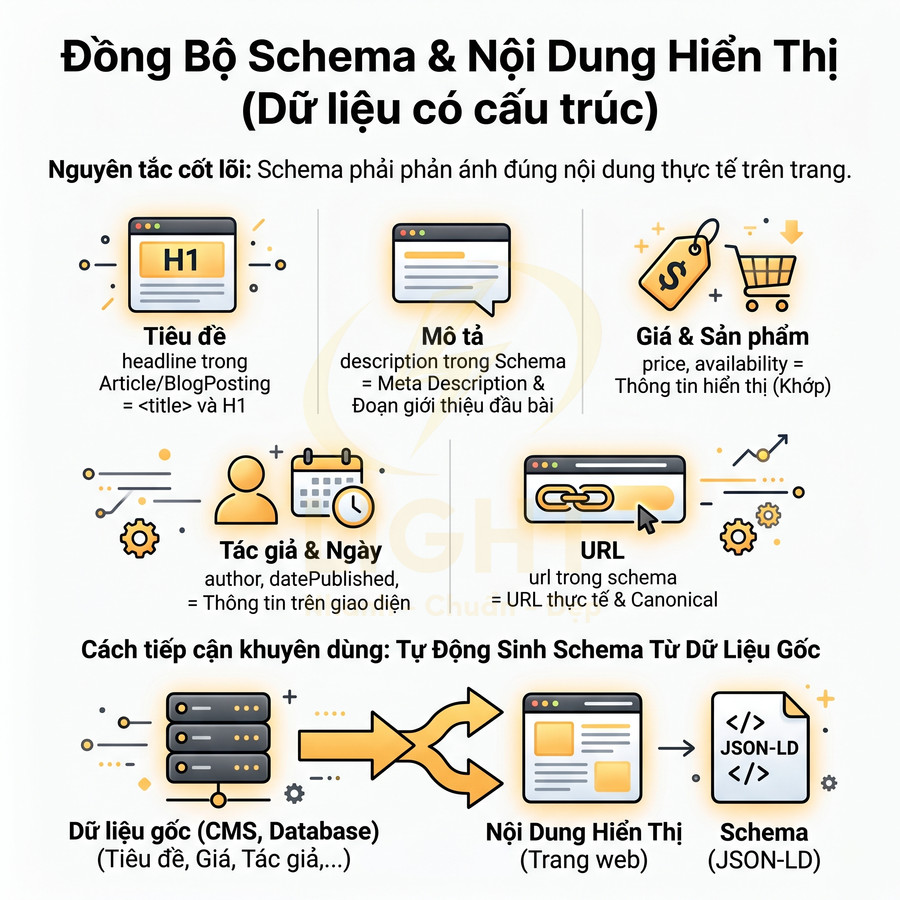 Hướng dẫn đồng bộ schema và nội dung hiển thị SEO với tiêu đề mô tả giá sản phẩm tác giả ngày URL và dữ liệu gốc