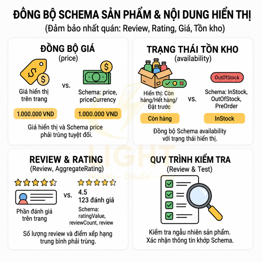 Hướng dẫn đồng bộ schema sản phẩm với giá, tồn kho, review và quy trình kiểm tra trên website
