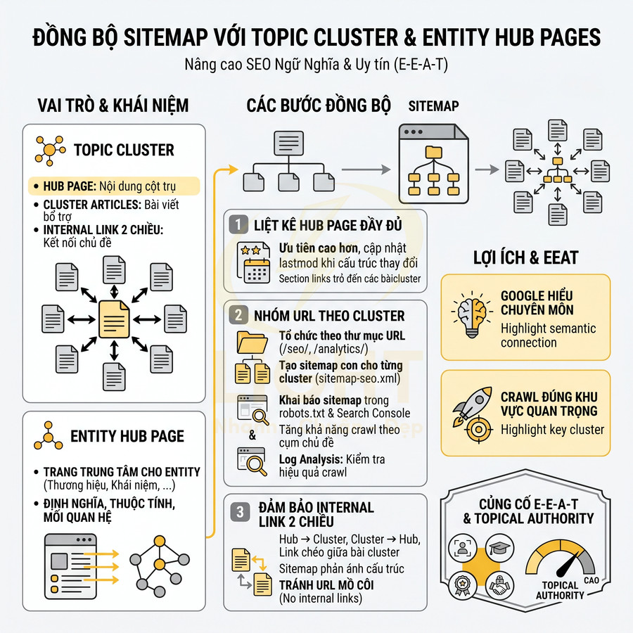 Infographic hướng dẫn đồng bộ sitemap với topic cluster và entity hub pages để tối ưu SEO E-E-A-T