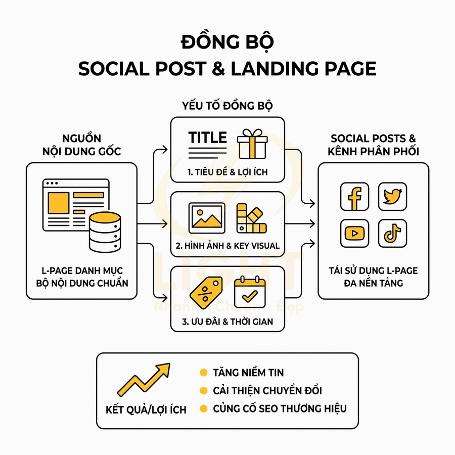 Infographic quy trình đồng bộ nội dung social post và landing page để tăng niềm tin và cải thiện chuyển đổi