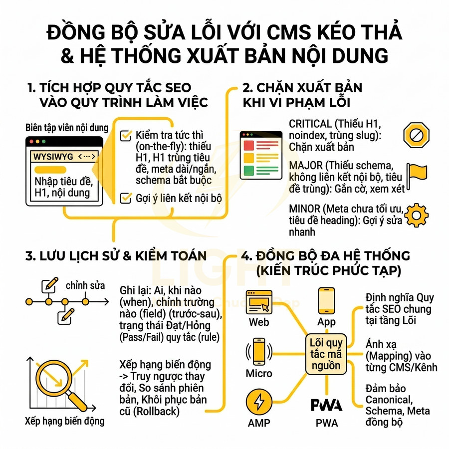 Infographic quy trình đồng bộ sửa lỗi SEO với CMS kéo thả và hệ thống xuất bản nội dung đa kênh