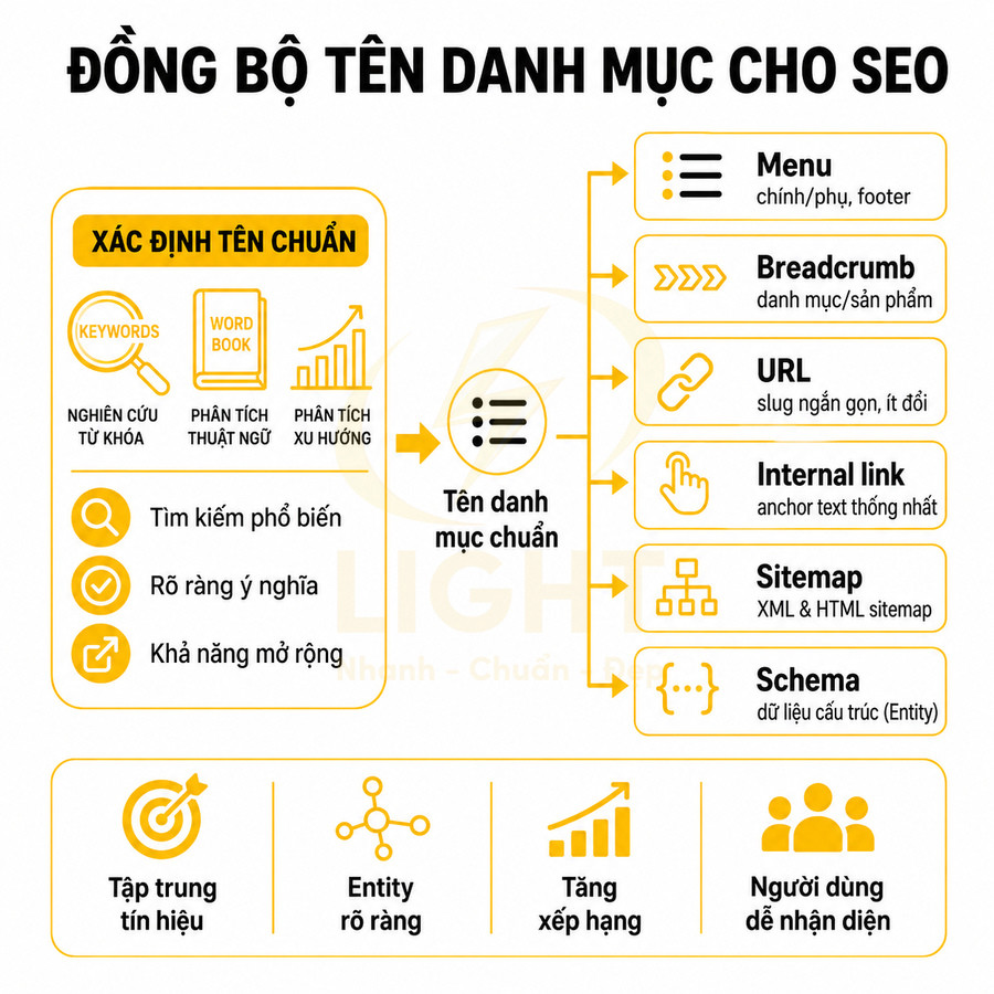 Hướng dẫn đồng bộ tên danh mục chuẩn SEO với menu, breadcrumb, URL, internal link, sitemap và schema
