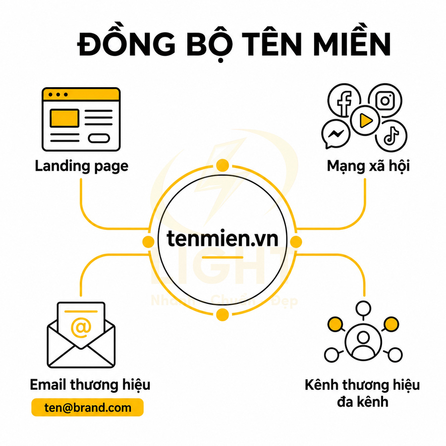 Minh họa đồng bộ tên miền tenmien.vn cho landing page, mạng xã hội, email thương hiệu và kênh thương hiệu đa kênh