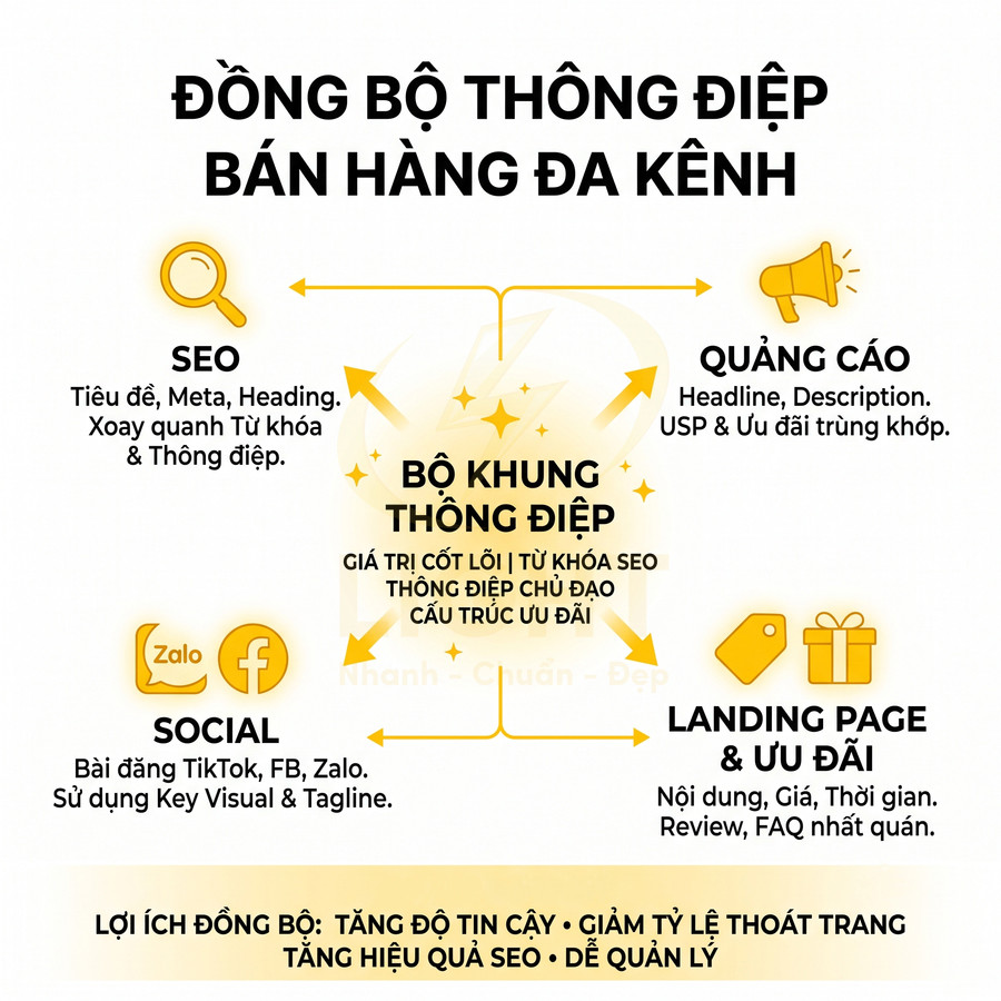 Đồng bộ thông điệp bán hàng đa kênh với bộ khung thông điệp cho SEO, quảng cáo, social và landing page