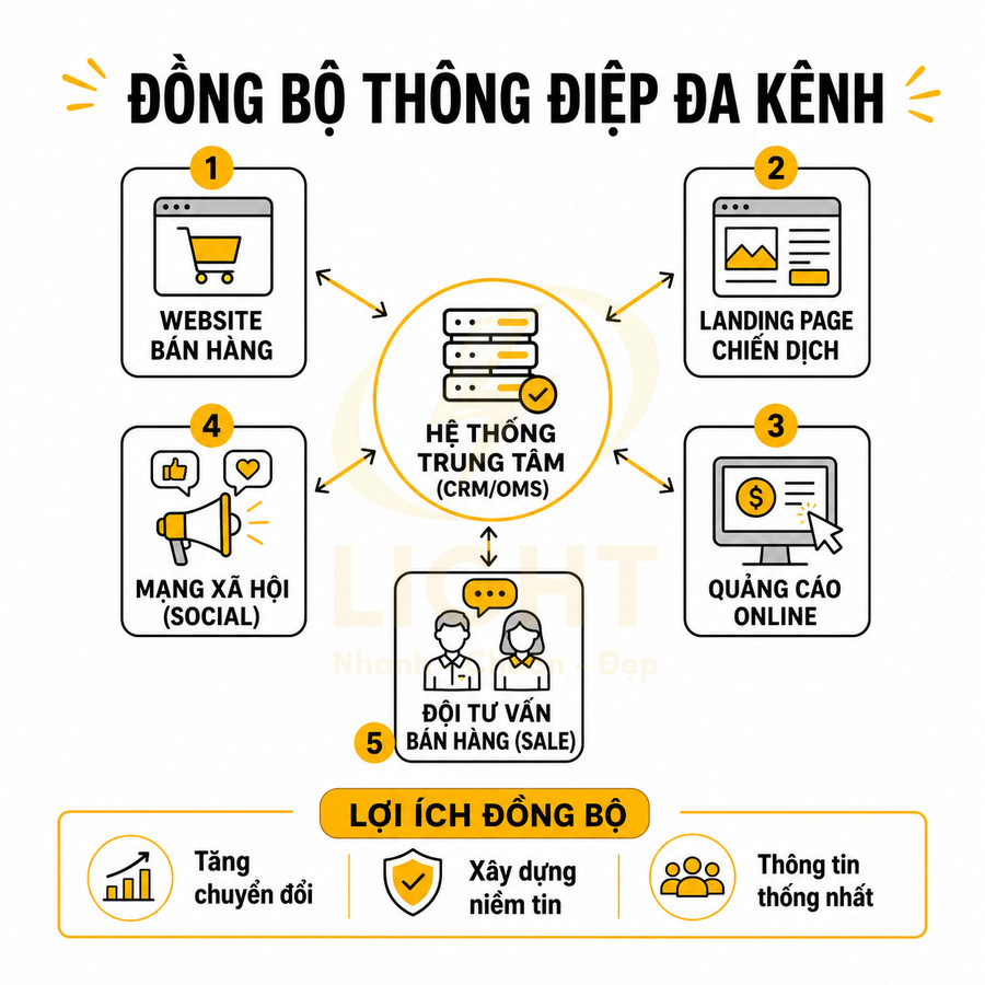 Mô hình đồng bộ thông điệp đa kênh với hệ thống CRM OMS kết nối website, landing page, quảng cáo, mạng xã hội và đội sale
