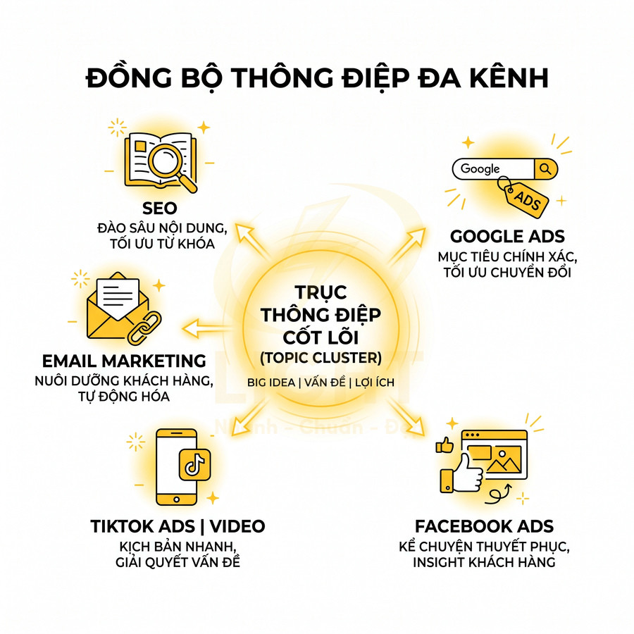 Mô hình đồng bộ thông điệp đa kênh với trục thông điệp cốt lõi cho SEO, Google Ads, Facebook Ads, email, TikTok Ads