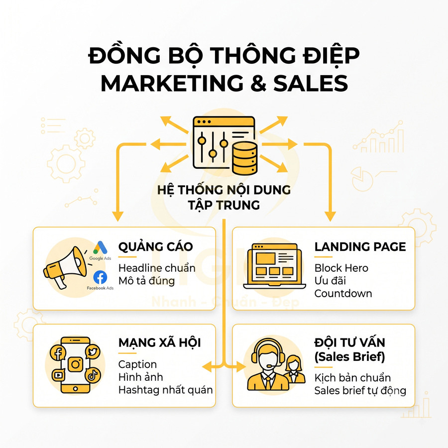 Mô hình hệ thống nội dung tập trung giúp đồng bộ thông điệp marketing và sales qua quảng cáo, mạng xã hội, landing page, đội tư vấn