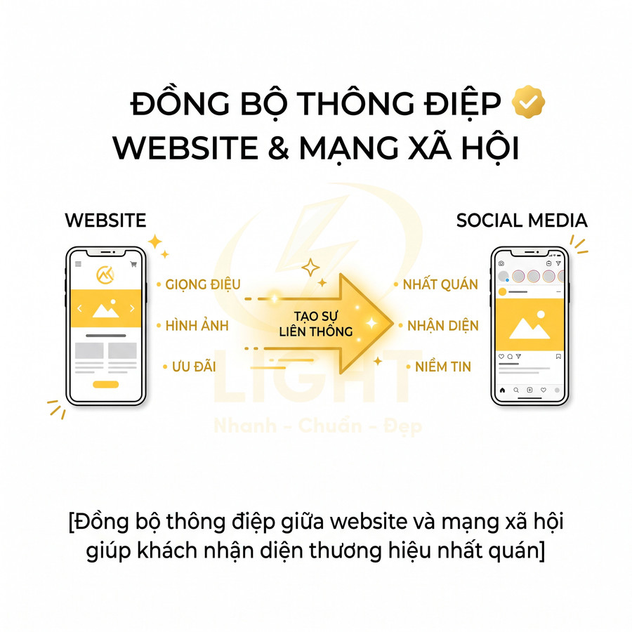 Minh họa đồng bộ thông điệp giữa giao diện website và mạng xã hội trên điện thoại để tăng nhận diện thương hiệu