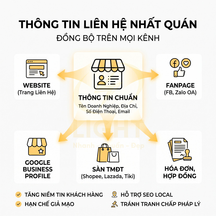 Mô hình đồng bộ thông tin liên hệ doanh nghiệp trên website, fanpage, sàn thương mại điện tử và Google Business Profile