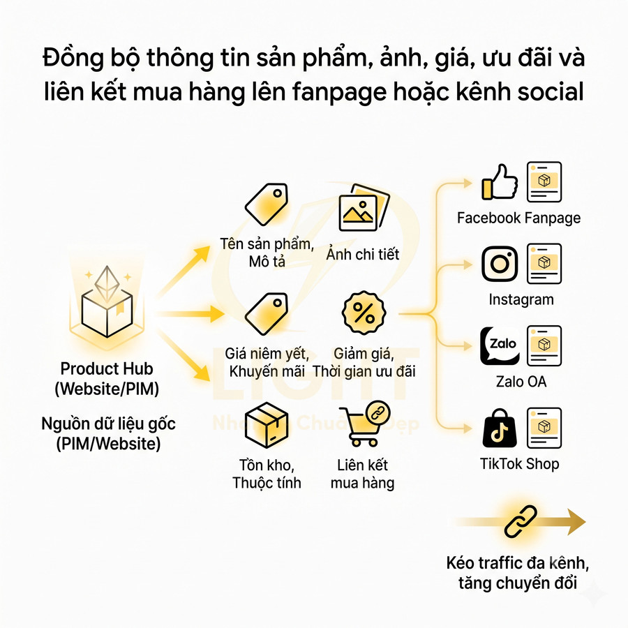 Sơ đồ Product Hub đồng bộ thông tin sản phẩm và liên kết mua hàng lên Facebook, Instagram, Zalo, TikTok Shop