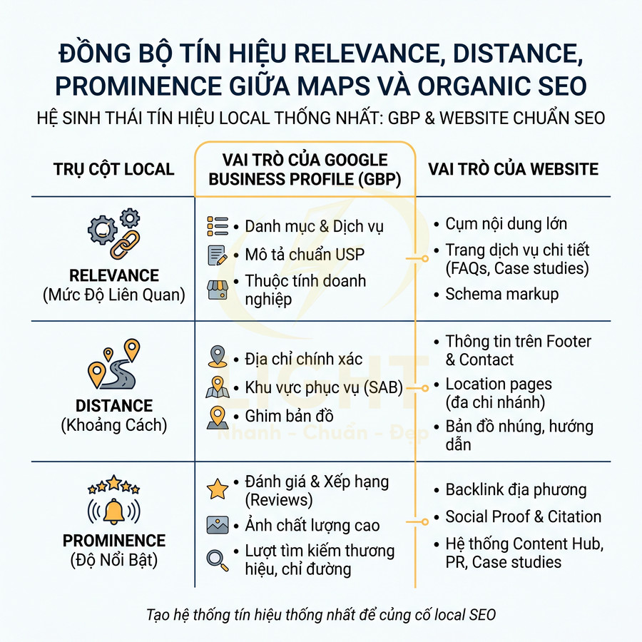 Infographic đồng bộ tín hiệu relevance distance prominence giữa Google Maps và SEO website local business