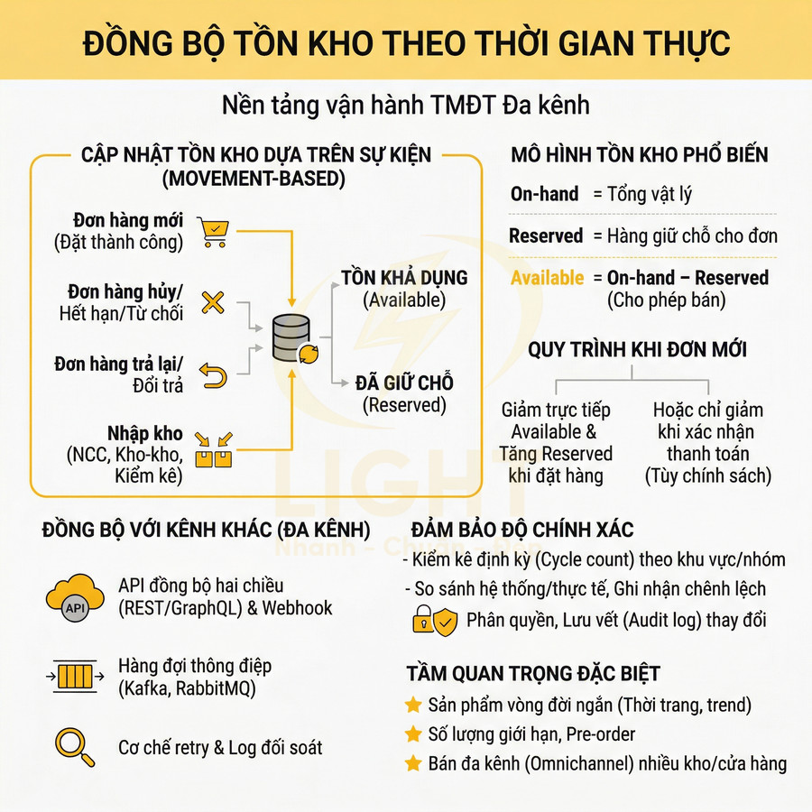 Infographic đồng bộ tồn kho theo thời gian thực cho nền tảng vận hành TMĐT đa kênh