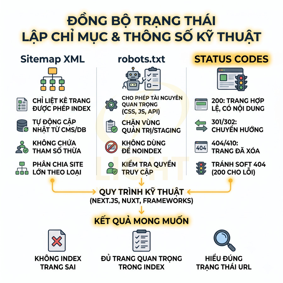 Hướng dẫn đồng bộ sitemap XML, robots.txt và status codes để tối ưu lập chỉ mục SEO cho website