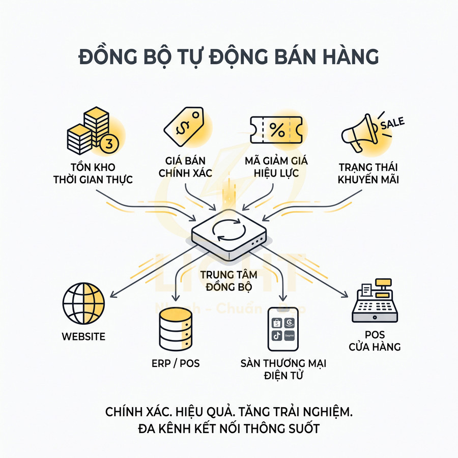 Mô hình đồng bộ tự động bán hàng kết nối tồn kho, giá bán, khuyến mãi với website, sàn thương mại điện tử và POS