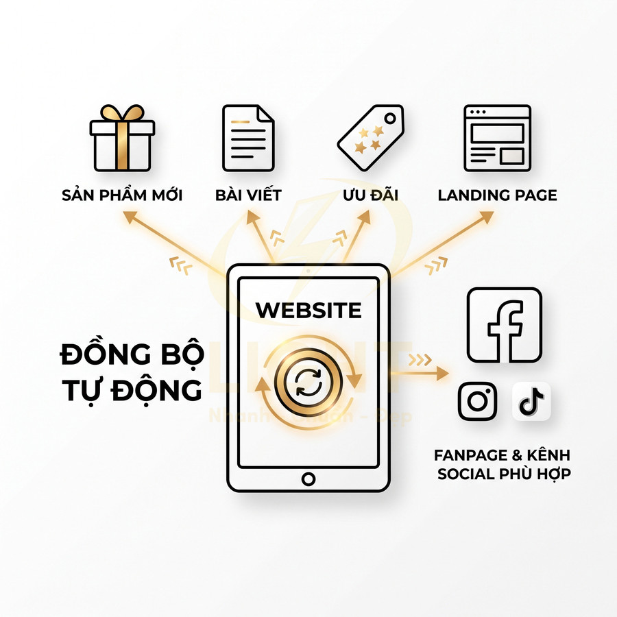 Mô hình đồng bộ tự động nội dung website với sản phẩm mới, bài viết, ưu đãi và các kênh mạng xã hội