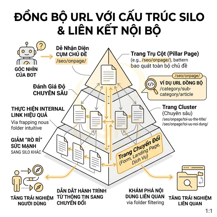 Mô hình cấu trúc silo URL và liên kết nội bộ giúp tối ưu SEO, tăng trải nghiệm và chuyển đổi người dùng