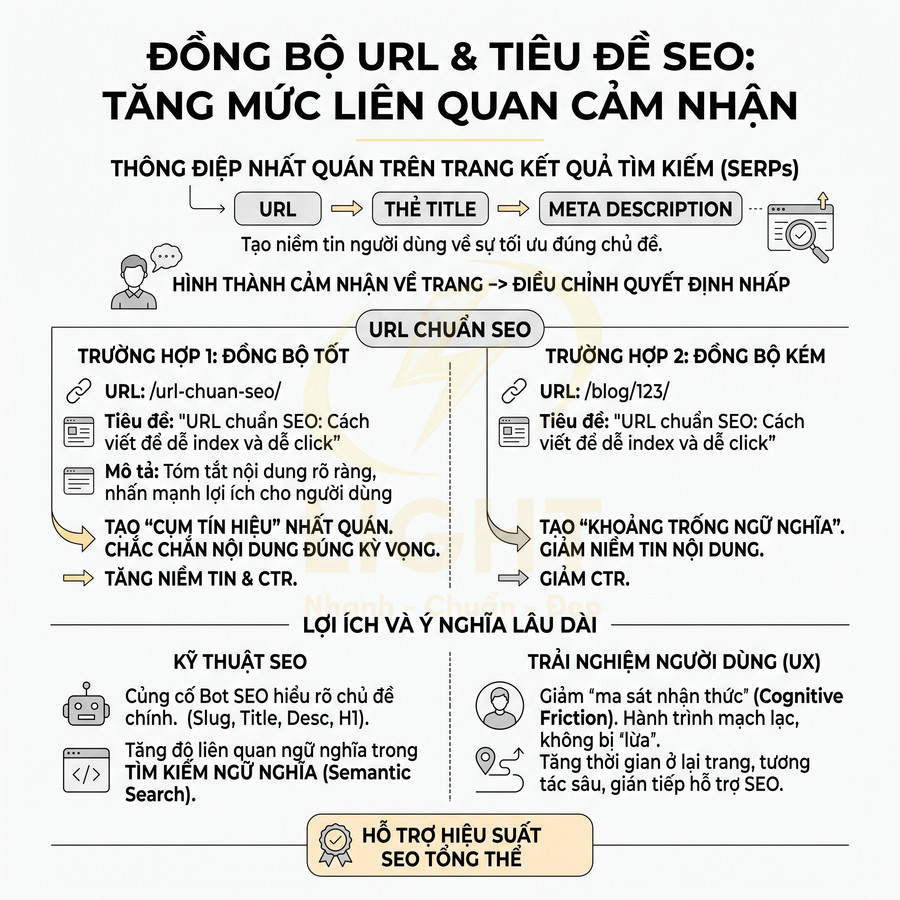 Infographic hướng dẫn đồng bộ URL và tiêu đề SEO để tăng mức liên quan, niềm tin và CTR trong kết quả tìm kiếm