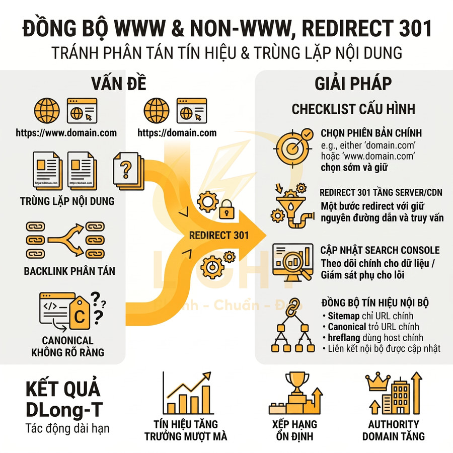 Infographic hướng dẫn đồng bộ www và non-www bằng redirect 301 để tránh trùng lặp nội dung và phân tán tín hiệu SEO