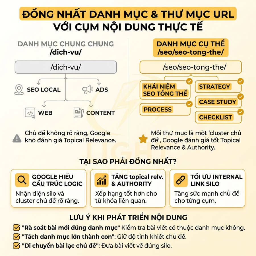 Infographic hướng dẫn đồng nhất danh mục và thư mục URL với cụm nội dung SEO để tăng topical relevance và internal link silo