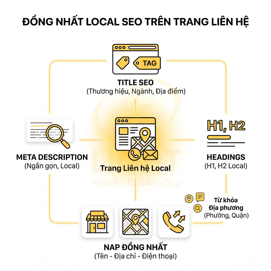 Sơ đồ tối ưu Local SEO cho trang liên hệ với title, heading, meta description và NAP đồng nhất