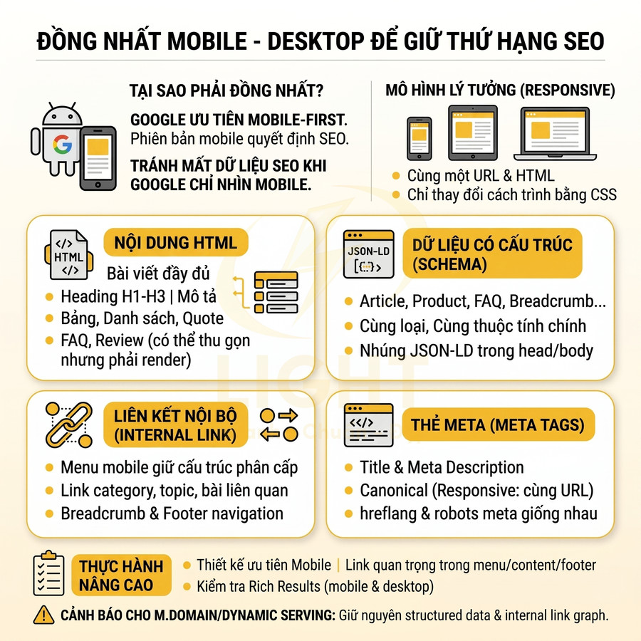 Infographic hướng dẫn tối ưu SEO đồng nhất mobile desktop với nội dung HTML, schema, internal link và thẻ meta