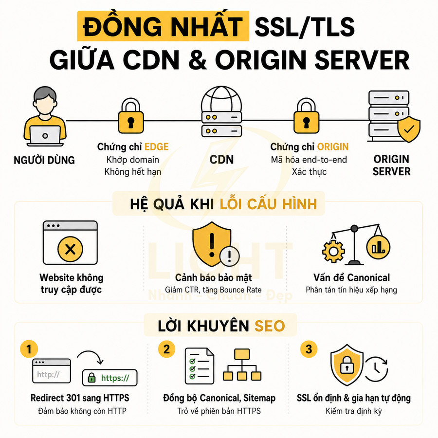 Infographic hướng dẫn đồng nhất SSL TLS giữa CDN và origin server và các lưu ý SEO cho website HTTPS