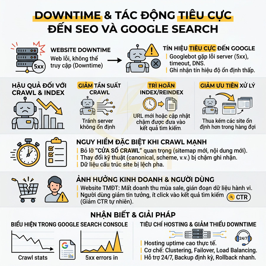 Infographic downtime và tác động tiêu cực đến SEO, Google Search, crawl index và giải pháp giảm thiểu downtime