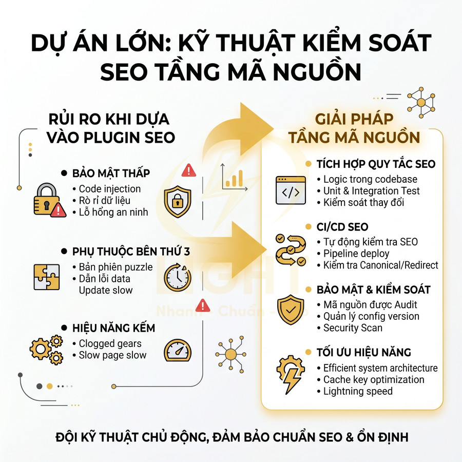 Infographic kỹ thuật kiểm soát SEO tăng mã nguồn, so sánh rủi ro plugin SEO và giải pháp tối ưu mã nguồn
