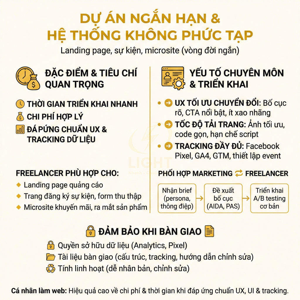 Infographic giới thiệu dịch vụ freelancer thiết kế landing page, microsite ngắn hạn chuẩn UX và tracking dữ liệu