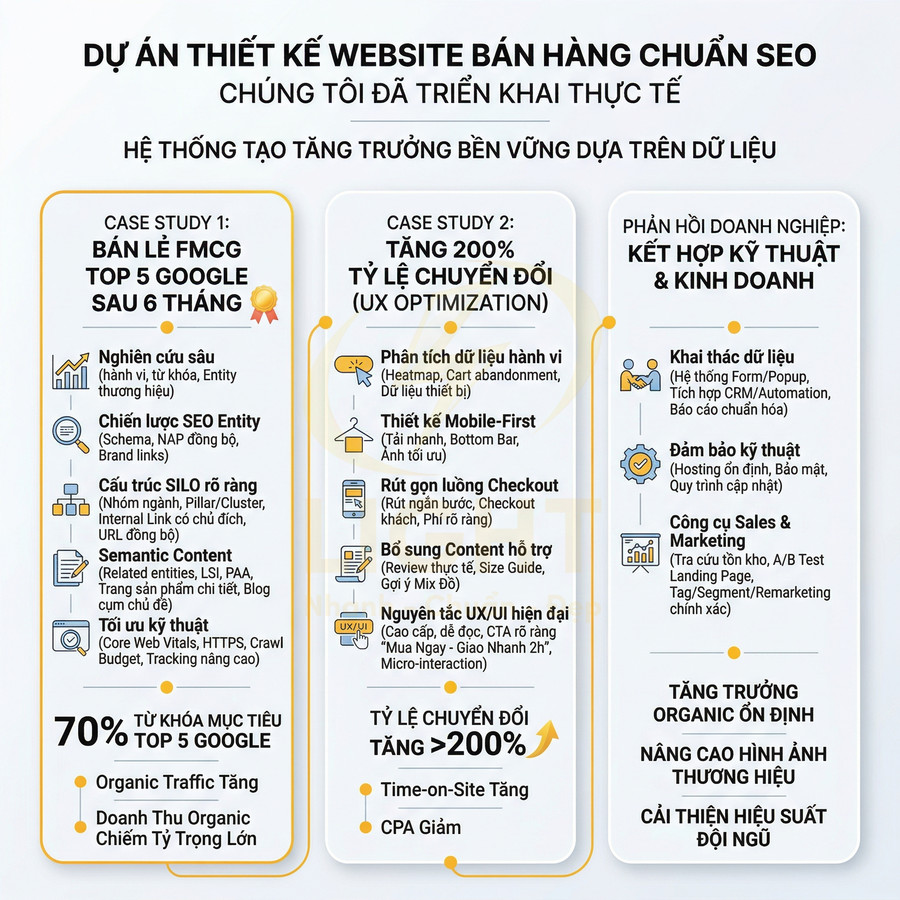 Infographic dự án thiết kế website bán hàng chuẩn SEO với 2 case study tăng trưởng traffic và tỷ lệ chuyển đổi