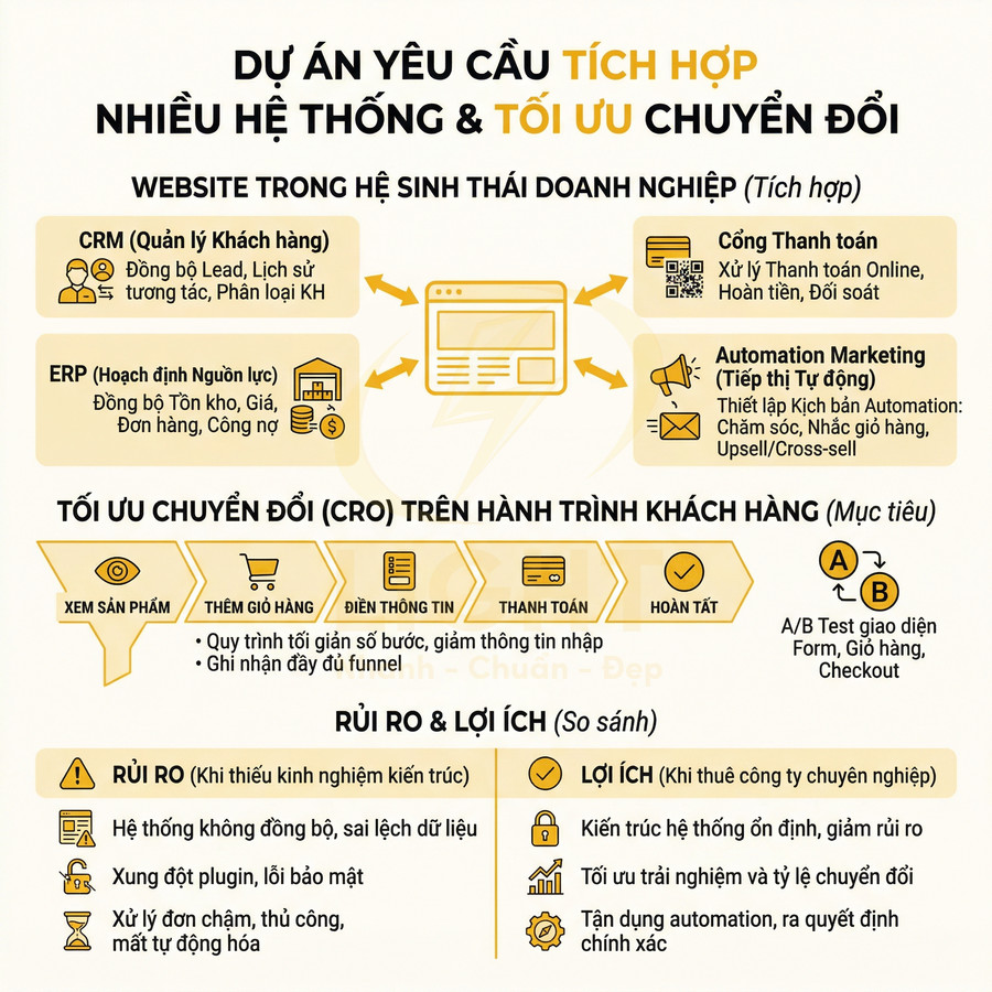 Infographic tích hợp CRM, ERP, cổng thanh toán, automation marketing để tối ưu chuyển đổi website doanh nghiệp