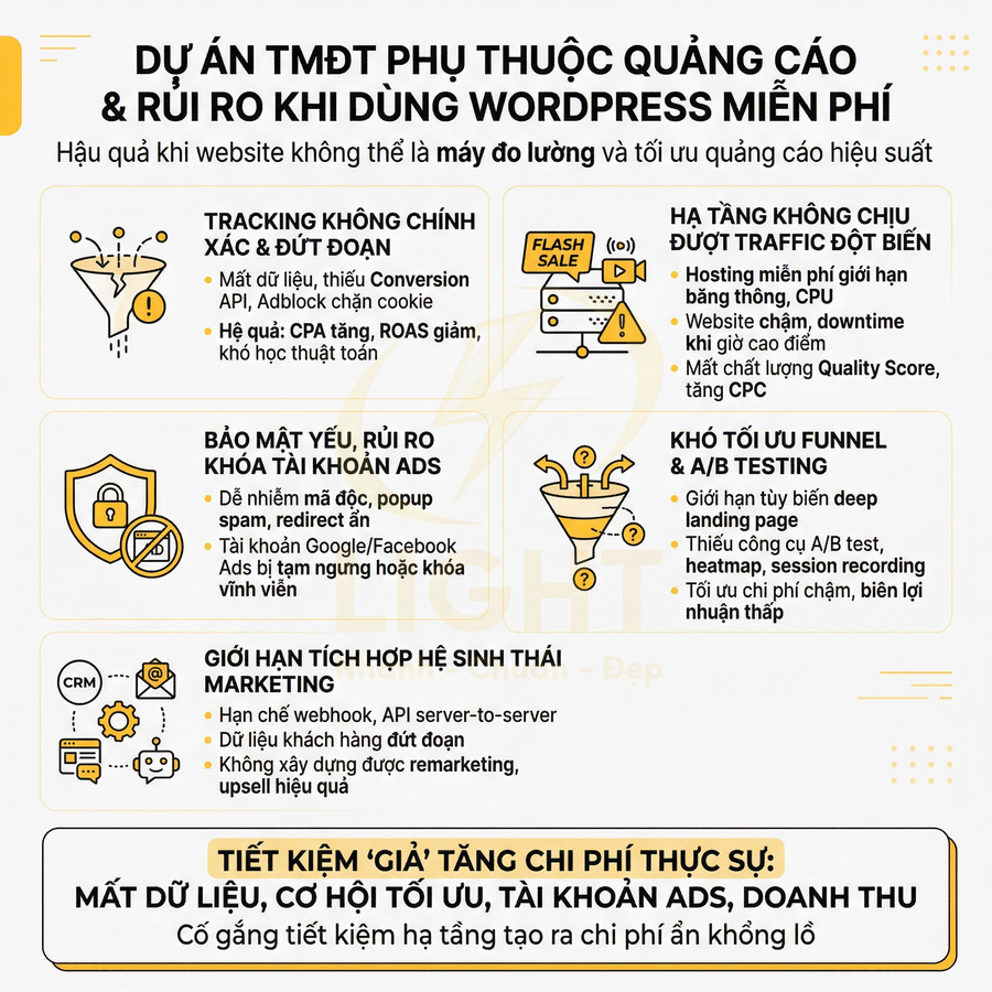 Infographic rủi ro dùng website WordPress miễn phí cho quảng cáo và đo lường hiệu suất TMĐT