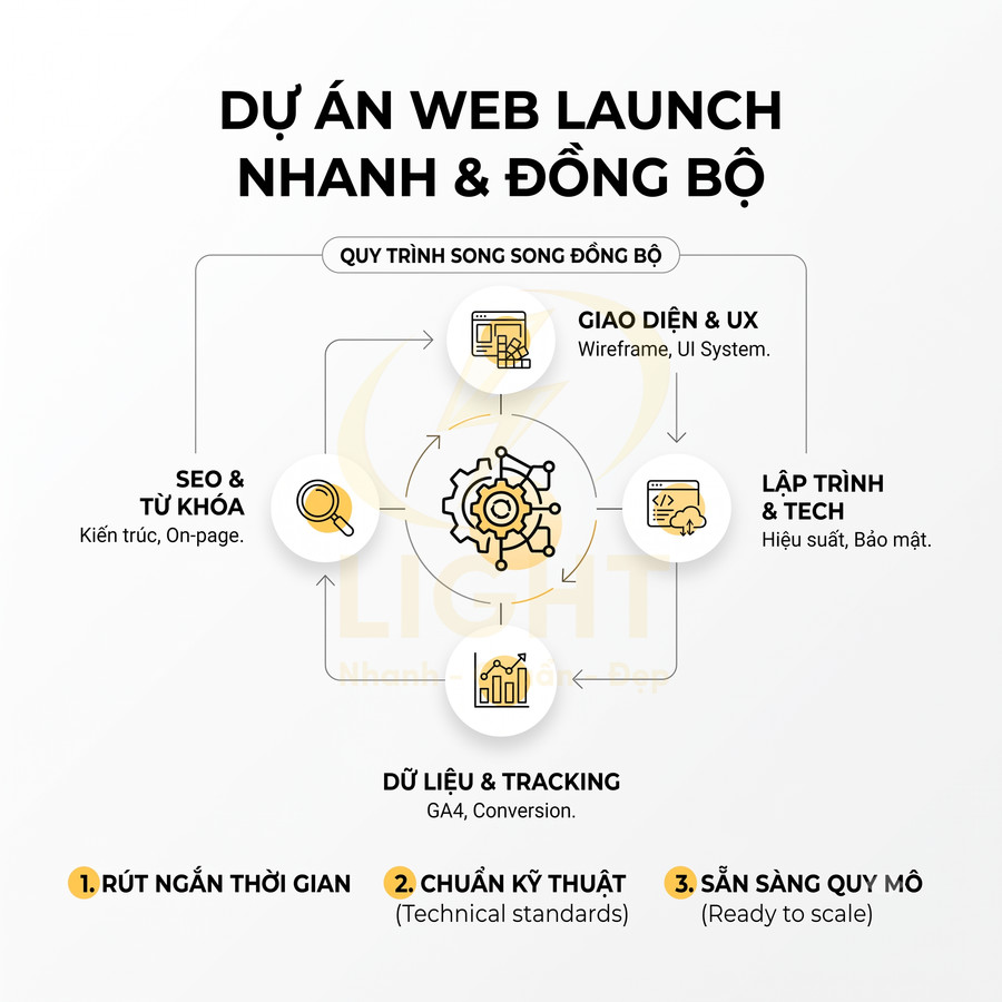 Quy trình triển khai dự án web launch nhanh và đồng bộ với SEO, UX, lập trình, dữ liệu và tracking