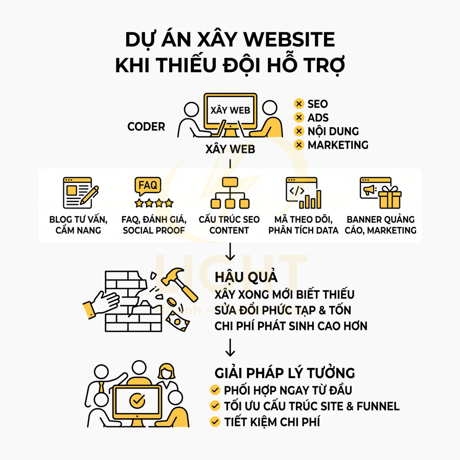 Infographic quy trình xây website thiếu đội hỗ trợ và giải pháp tối ưu SEO, nội dung, quảng cáo, tiết kiệm chi phí