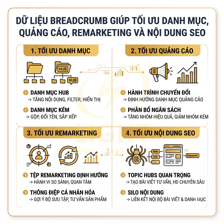 Infographic dữ liệu breadcrumb tối ưu danh mục, quảng cáo, remarketing và nội dung SEO với các bước và biểu tượng minh họa
