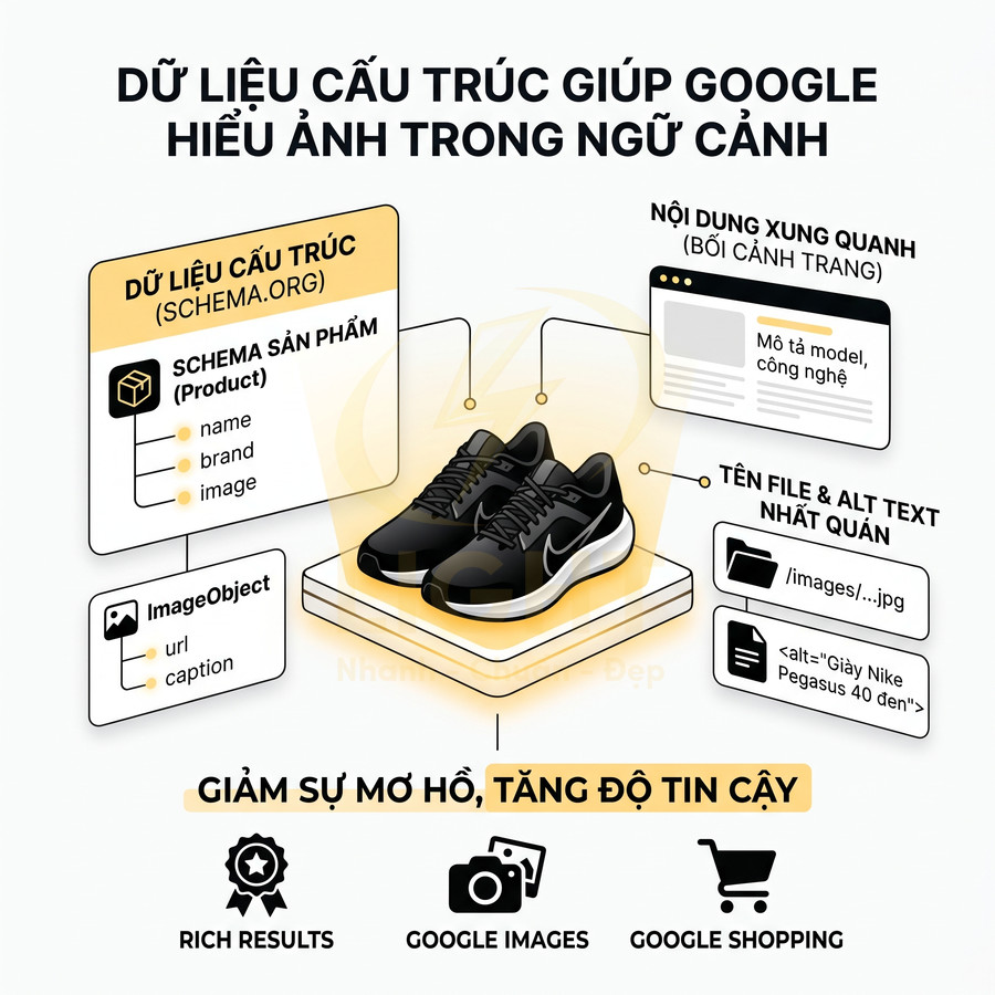 Giày thể thao Nike màu đen đặt trên bục trưng bày trong hướng dẫn tối ưu dữ liệu cấu trúc SEO cho hình ảnh