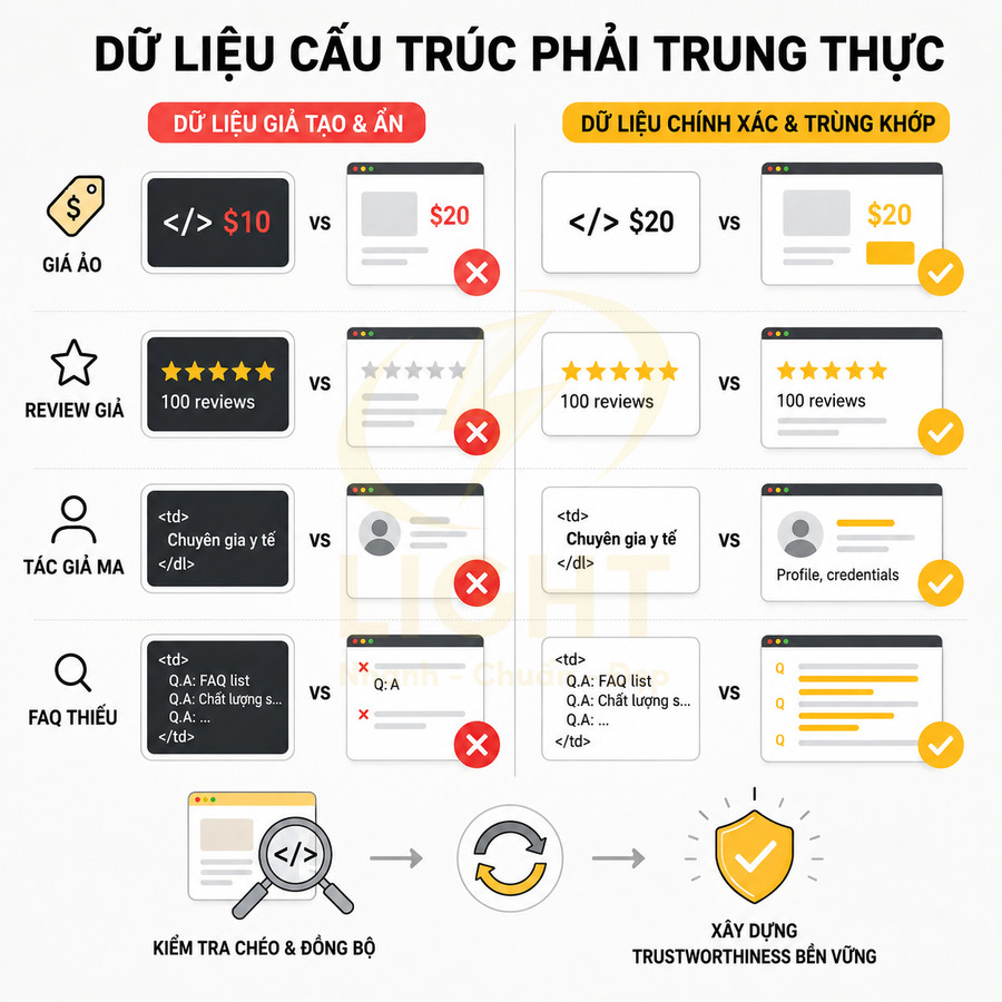Minh họa so sánh dữ liệu cấu trúc giả tạo và dữ liệu chính xác để xây dựng độ tin cậy website SEO