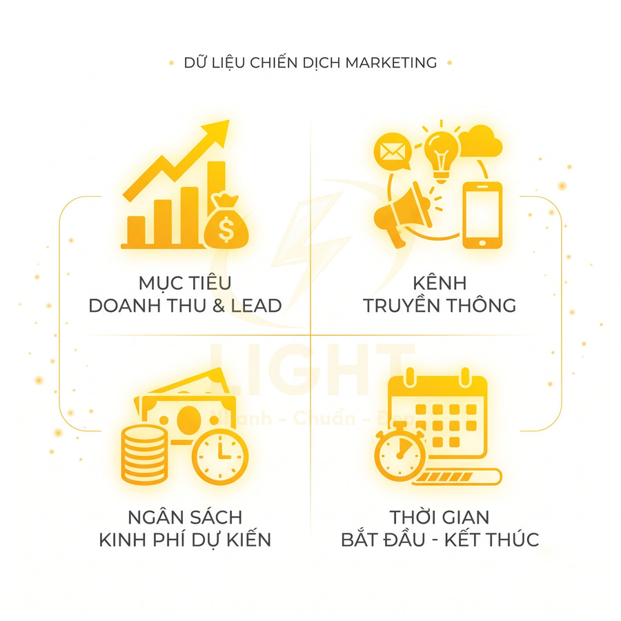 Các yếu tố dữ liệu chiến dịch marketing gồm mục tiêu doanh thu, kênh truyền thông, ngân sách và thời gian