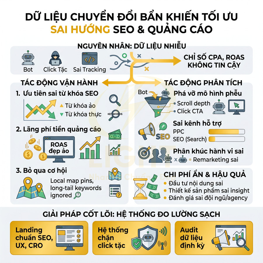 Infographic về tác hại dữ liệu chuyển đổi bẩn với SEO, quảng cáo và giải pháp hệ thống đo lường sạch